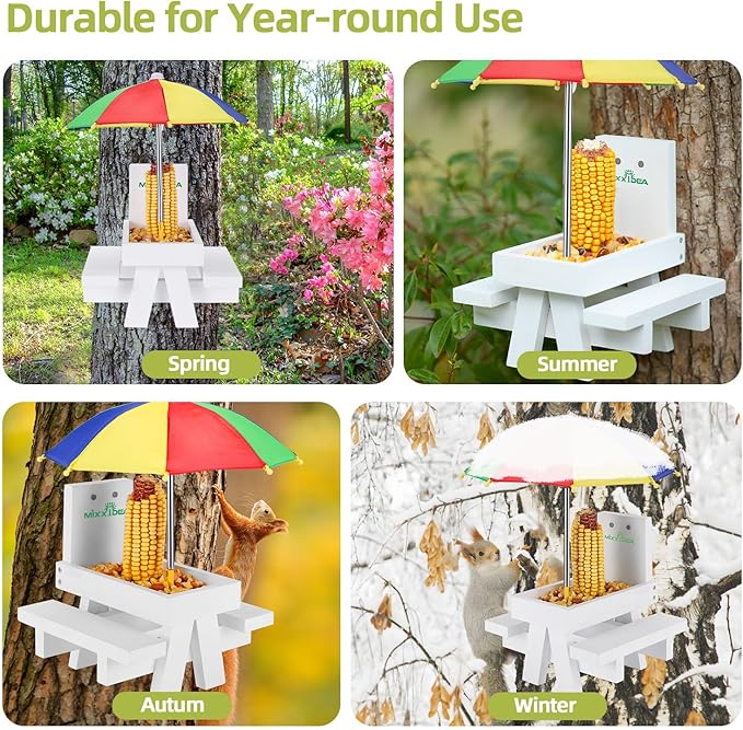 MIXXIDEA Squirrel Feeder Table with Umbrella, Wooden Squirrel Picnic Table Feeder, Sturdy Squirrel Feeder Corn Cob Holder, with Solid Structure and 2 x Thick Benches(Colorful)