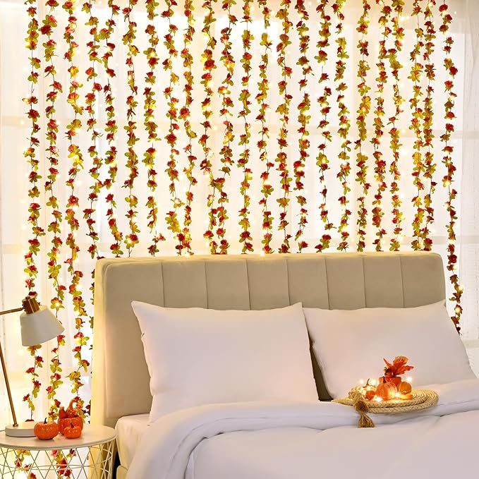 BLEUM CADE 5Pcs 41Ft Flowers Garland Artificial Rose Vines with 32.8Ft String Lights, Cute Fake Hanging Flower Vines Floral Garland Decorations for Wedding Party Wall Room Decor Aesthetic