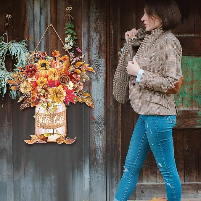 Boao Thanksgiving Welcome Door Sign Gnome Hanging Decor Fall Wooden Sign Autumn Door Decorations Pumpkin Maple Leaves Wood Hanger for Outdoor Farmhouse Front Porch