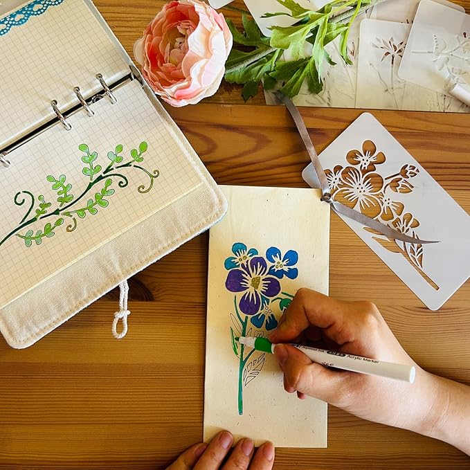 Flower and Leaf Stencils for Painting, 18PCS 6 x 3 Inch Plastic Botanical Stencils for Crafts Reusable, Small Floral Drawing Templates for Painting on Wood Wall Canvas, Card Making & Home Decor