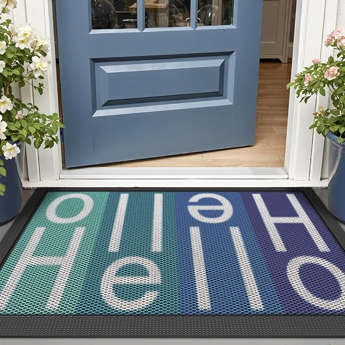 LUMI Outside Welcome Door Mat 17x30, Non Slip Durable Rubber Entrance Doormat, Low Profile Easy Clean Mats for Front Back Door Entryway Porch Garage, Hello Multi
