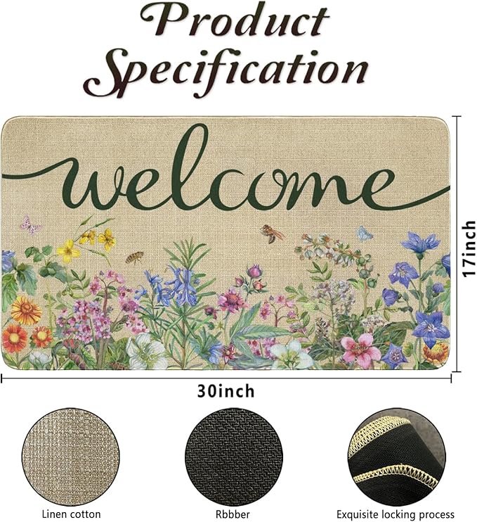 Welcome Floral Decor Doormat, Home Spring Summer Flower Front Door Mats, Indoor Outdoor Non Slip Reusable Entrance Rug 17"x30"