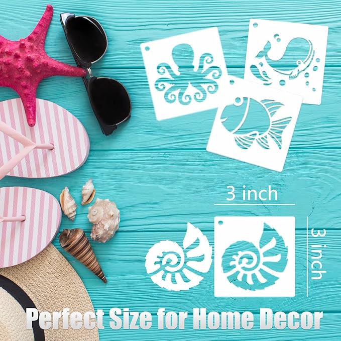 Sea Life Stencils for Kids, 64PCS 3x3 Plastic Reusable Art Stencils for Crafts, Drawing Templates for Wall Wood Fabric Canvas, Lovely & Creative Gift for Family