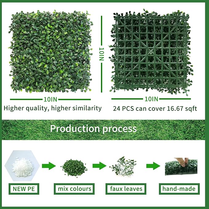 Grass Wall Panels Backdrop,10"x 10"(24Pcs) Artificial Faux Boxwood Panels for Outdoor Indoor Green Wall Decor,Party Wedding Backyard Fence Decorations