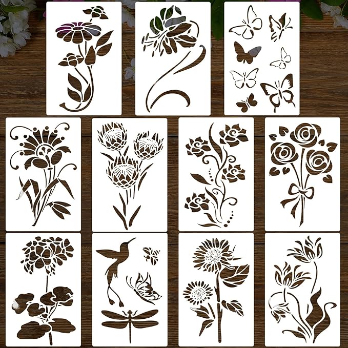 Flower Stencils for Painting Reusable Wall Stencil for Crafts Large Floral Design Templates for DIY Home Decor Art Projects,11 PCS