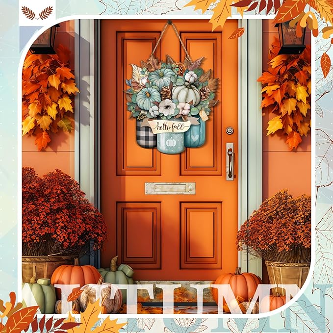 Boao Blue Thanksgiving Door Decorations for Home Thanksgiving Decor Pumpkin Plaid Hanging Sign Wooden Front Door Hanger for Autumn Harvest Fall Porch Indoor Outdoor Home Decorations