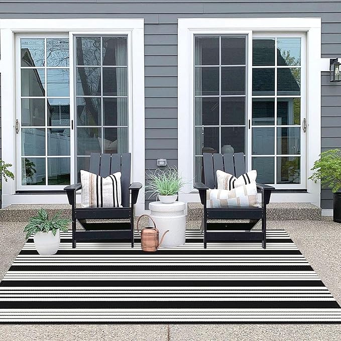 IOHOUZE Black and White Striped Rug 4'x6' Outdoor Rugs, Washable Area Rug for Double Front Door, Large Patio Rug Outdoor Indoor, Doormat for Entryway Porch Entrance