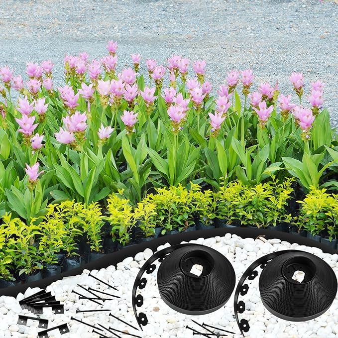 Sasylvia 2.5'' x 200' Landscape Edging Kit Edging Border Coil Include 120 Anchoring Spikes 10 Connectors Plastic Garden Border for Lawn Garden Grass Yard Home(Black)