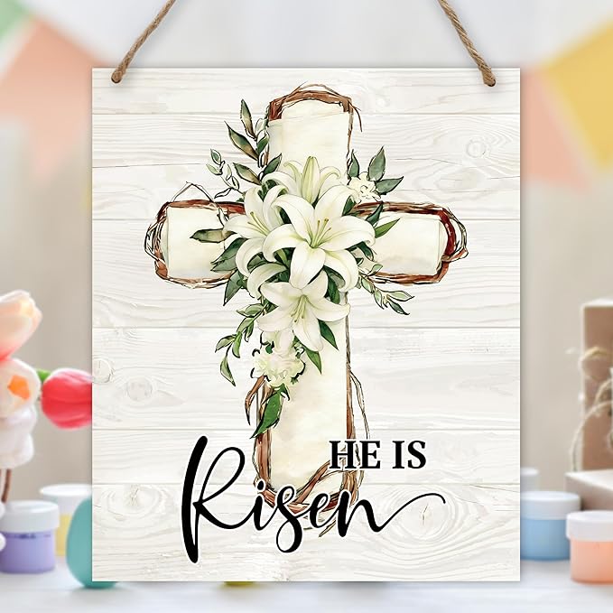 Easter Welcome Sign for Front Door, He is Risen Easter Door Sign Decor, Religious Cross Rectangle Wood Sign Hanger for Outdoor Farmhouse Garden Porch Home - C01