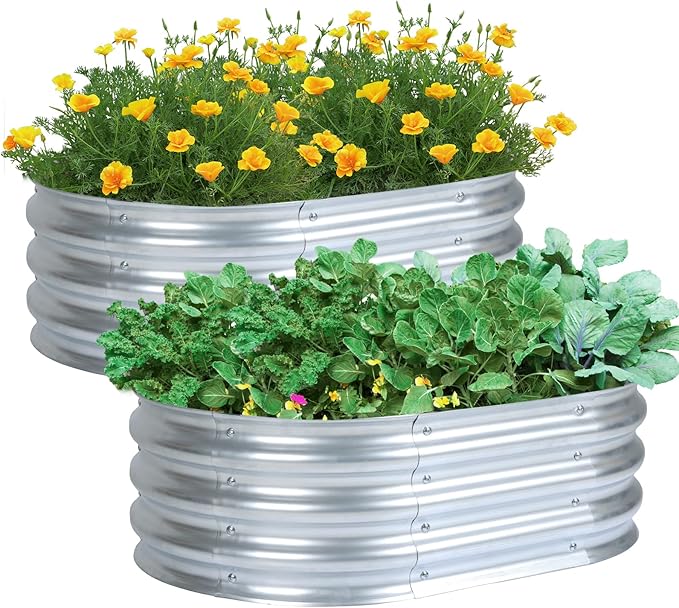 Aoodor 2PCS Galvanized Raised Garden Bed Kit, 3 x 2 x 1 Ft, Oval Planter Boxes for Vegetables, Flowers, and Herbs, Outdoor Use, Silver