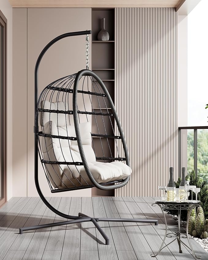 HWB Hanging Egg Chair with Stand, Swing Hammock Chair with Cushion for Indoor Outdoor, Patio Wicker Egg Swing Chair for Balcony Furniture, White