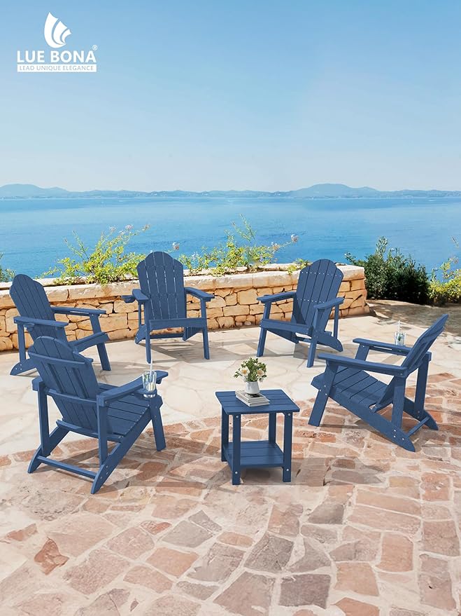 LUE BONA HDPE Adirondack Chairs Set of 4 - Weather Resistant Seating with Cup Holder for Poolside, Fire Pit, Deck & Resort Patio, Blue