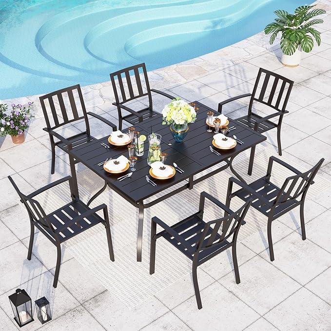 PHI VILLA 7 Piece Metal Outdoor Patio Dining Bistro Sets with Umbrella Hole - 60" x 37.8" Rectangle Patio Table and 6 Backyard Garden Outdoor Chairs,Black