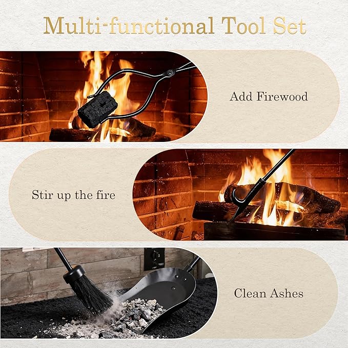 F2C 5 Pieces Fireplace Tools Sets Indoor Outdoor Wrought Iron Large Fire Place Set Tools, Fire Pit Tools，Includes Brush, Shovel, Tongs, Poker, Grabber