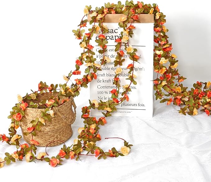 KHOYIME 5 Pack 40 FT Artificial Flower Garland, Fake Orange Roses Vines Silk Flowers Faux Plastic Outdoor Hanging Floral Garland Fall Autumn Decoration for Indoor Table Home Wall Backdrop Room Decor