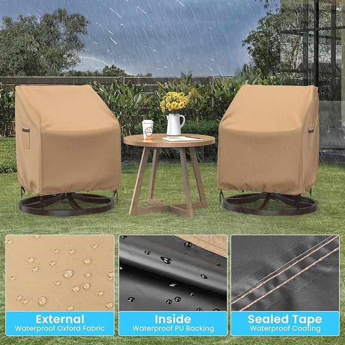 Swivel Patio Chair Covers, 2 Pack Waterproof Outdoor Rocking Chair Covers, Lawn Patio Furniture Covers, Heavy Duty Lounge Chair Cover, 30" W×34" D×38.5" H, Brown