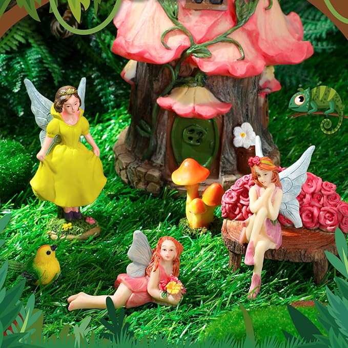 Soaoo 25 Pcs Fairy House Garden Figurines Kit Spring Garden Decor Easter Basket Decoration Spring Decoration Outdoor Wildflower Butterfly Fairy Mushroom Party Supplies Micro Landscape Ornaments
