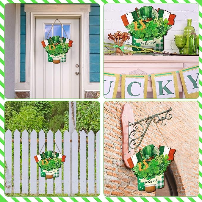 Karenhi Wooden St. Patrick's Day Decoration Shamrock Clover Welcome Wooden Door Sign Irish Door Hanger Spring Summer Hanging Decorations Farmhouse Porch Decor for Home Outdoor Housewarming