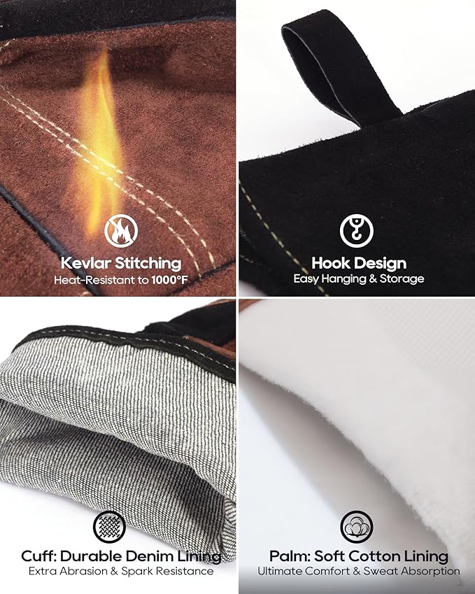 TOPDC Fire Resistant Reinforced Leather Fireproof Gloves with Kevlar Stitching for Mig, Tig, Stick, Forge, BBQ, Grill, Oven, Fireplace, Furnace, Animal Handling, X-LARGE
