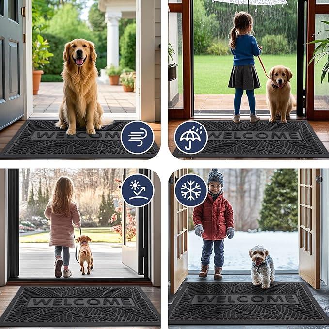 Smiry Welcome Mat Indoor Outdoor, All-Season Waterproof Front Door Mat, Sturdy Natural Rubber Doormat, Non-Slip, Easy Clean, Low Profile Dirt Trapper for Porch Patio Entrance, 47x23, Grey