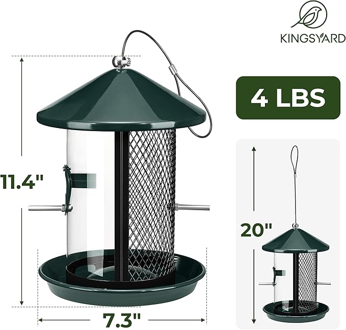 Kingsyard Metal Bird Feeder for Outdoor Hanging - Chew Proof Wild Bird Finch Cardinal Feeder with Dual Chamber of 4 lbs Capacity for Bluebird, Green