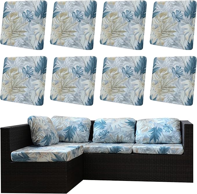 8Pcs Outdoor Cushion Covers, Patio Cushion Covers,Stretch Elastic Slipcovers, Replacement Washable & Reusable Furniture Protector for Patio Couch (White & Blue Leaf,Cover Only)