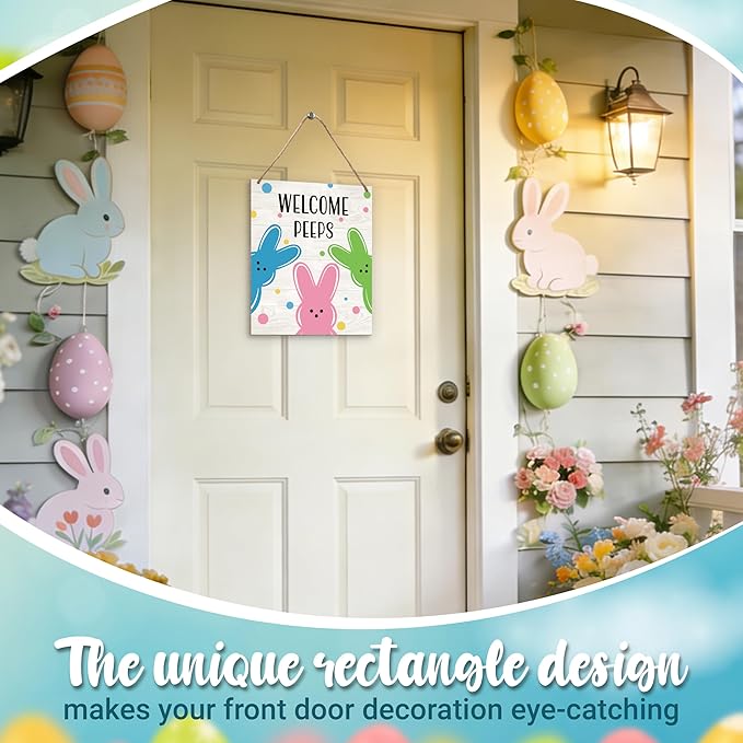 Easter Welcome Sign for Front Door, Welcome Peeps Easter Door Sign Decor, Rabbit Rectangle Wood Sign Hanger for Outdoor Farmhouse Garden Porch Home - C03