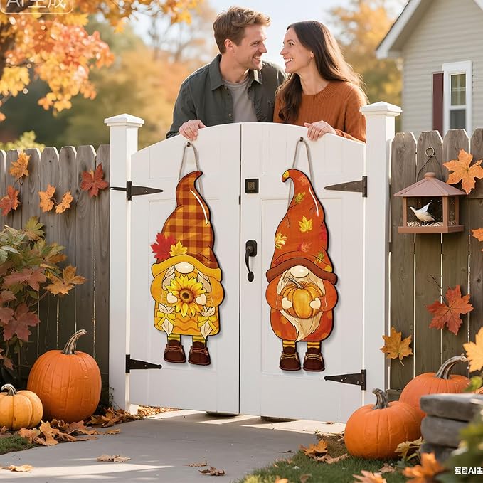 Thyle 2 Pcs Wooden Thanksgiving Gnome Sign 27 x 10 Inch Fall Hanging Gnome Front Door Decor Pumpkin Sunflower Welcome Sign for Fall Outdoor Indoor Front Porch Harvest Home Farmhouse Wall Supplies