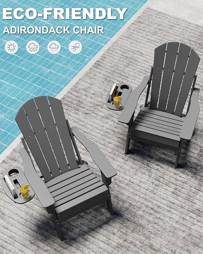 Adjustable Adirondack Chair with Cup Holder, All Weather HDPE Fire Pit Chairs for Deck, Backyard, Patio, Grey