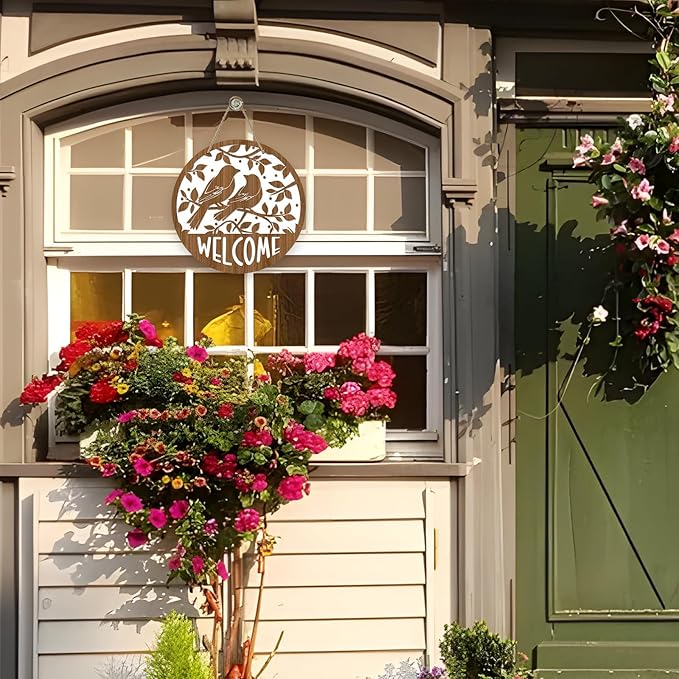 Deroro Welcome Spring Summer Birds Silhouette Front Door Sign, Branches Farmhouse Wood Door Hanger Outdoor Outside Porch Decor, Rustic Seasonal Wooden Wreath Indoor Wall Hanging Decoration