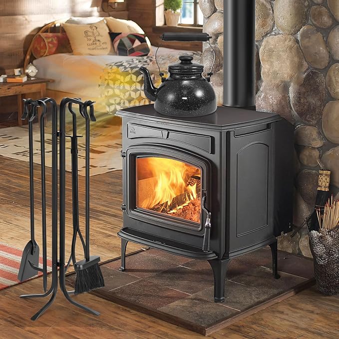 FEED GARDEN Hand Forged Iron Fireplace Tools Set 5-Piece Wrought Iron 28 Inch Fire Place Set Tools with Stand for Indoor Outdoor Heavy Duty Fireplace Accessories Poker, Tongs, Shovel, Brush, Base