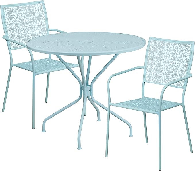 Flash Furniture Commercial Grade 35.25" Round Sky Blue Indoor-Outdoor Steel Patio Table Set with 2 Square Back Chairs
