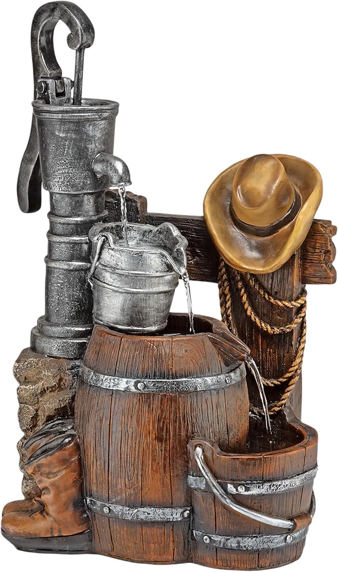 Alpine Corporation Outdoor Vintage Pump and Barrel with Cowboy Hat Fountain Yard Art Decor, 26" Tall, Brown