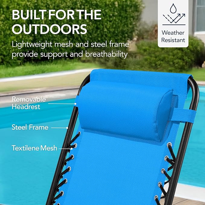 Best Choice Products Outdoor Folding Rocking Chair, Zero Gravity Lounge Chair, Patio Rocker w/Headrest Pillow - Aqua Blue