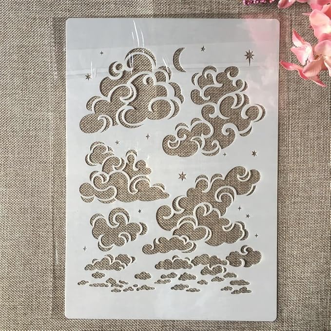 TIAMECH A4 Reusable Cloud Stencil for Painting - Star Moon on Sky Layering Template, DIY Wall Art, Wood Furniture, Scrapbook & Crafts (8.3x11.7inch)