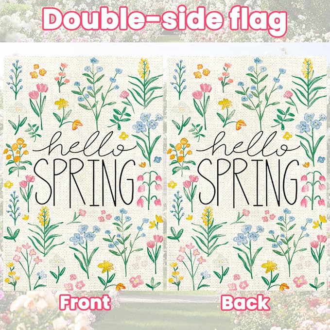 DIYDEC Hello Spring Garden Flag 12x18 Inch Vertical Double Sided Burlap Spring Tulip Flowers Flag Holiday Yard Sign for Outdoor Garden Seasonal Farmhouse Spring Summer Decoration