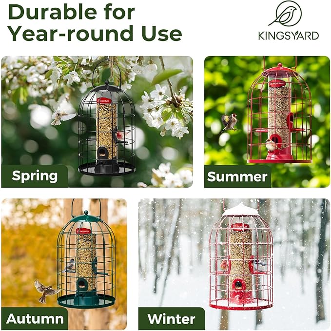Kingsyard Metal Bird Feeder for Outdoors, Squirrel Proof Caged Tube Feeders Hanging Green, Wild Small Birds Rainproof Station for Garden Yard Seed Easy Clean, Green