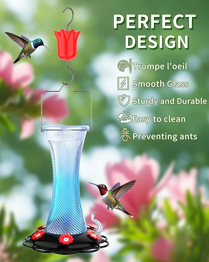 Hanging 20oz Glass Hummingbird Feeder with Moat, Small Outdoor Plastic Bird Feeder, Squirrel Proof, Ants, Outside Water Dispenser for Garden (Blue Glass Birdfeeder)