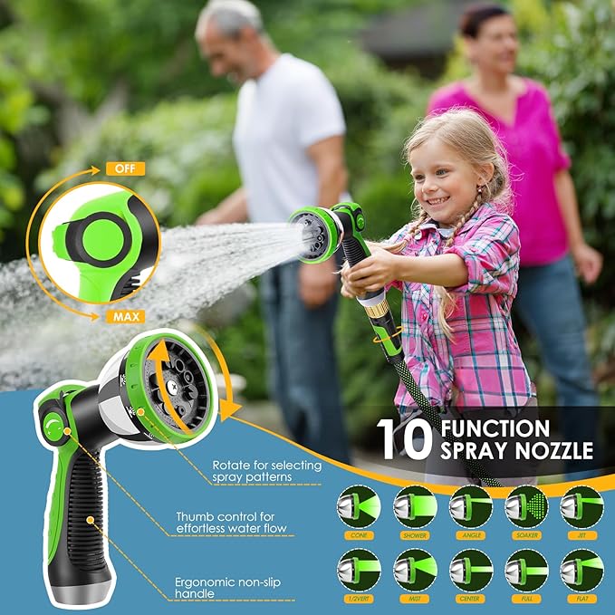 Non-Expandable Garden Hose 50 FT, Lightweight Hose with 10 Function Spray Nozzle, Kink-Free Flexible Water Hose, Durable, Leak-Proof, 360° Swivel Connectors, Portable Storage Strap