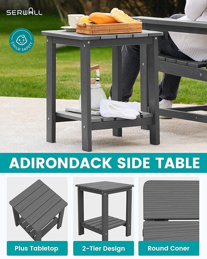 SEWRWALL Patio Furniture Set, HDPE Material All Weather Use Adirondack Chair Set with Side Table for Balcony, Porch, Garden, Backyard- Gray