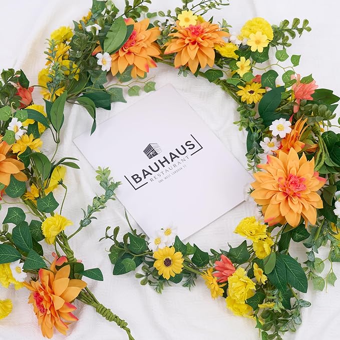 GENMOUS Artificial Dahlia Daisy Flower Garland Decor, 5.3Ft Spring/Summer Fall Garland Floral Garlands for Indoor Outdoor Home Wedding Arch Porch Stair Backdrop Year Round Decor (Yellow Orange)