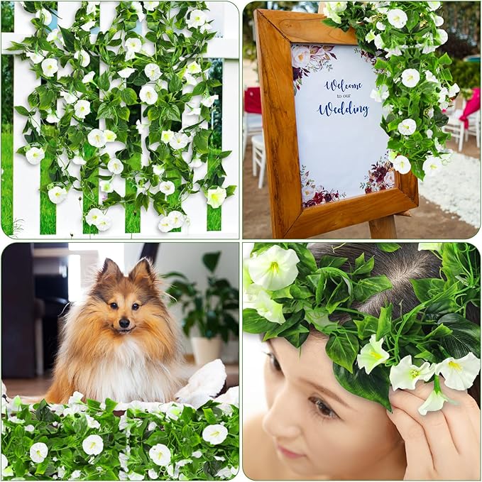 AirSun Artificial Morning Glory Flower Vines, 2pcs 15Feet Hanging Plants Silk Garland Fake Green Plant Home Garden Wall Fence Indoor Outdoor Wedding Birthday Decor