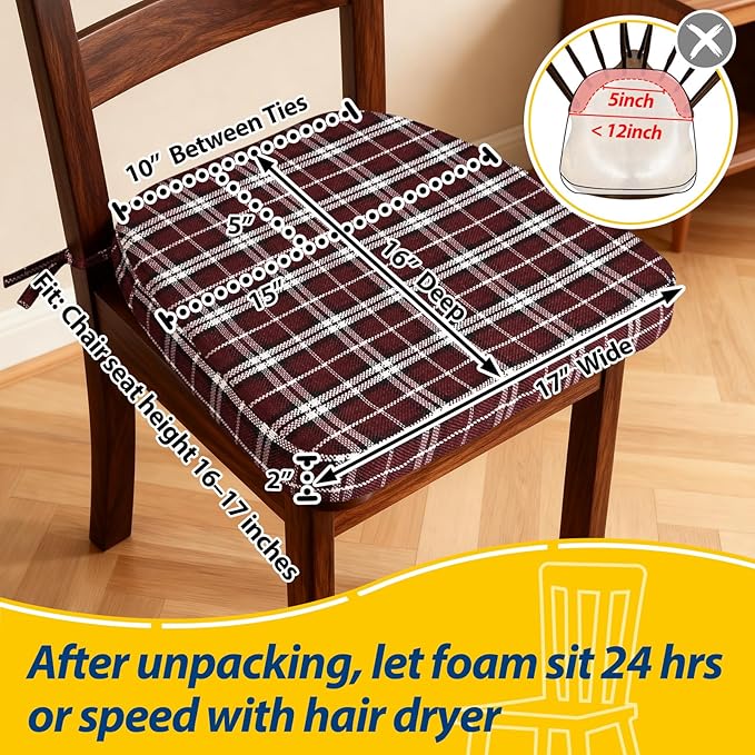 AAAAAcessories D-Shaped Chair Cushions, 2" Thick Dining Chair Pads with Ties and Removable, Machine-Washable Cover, 17" x 16", Red Checkered