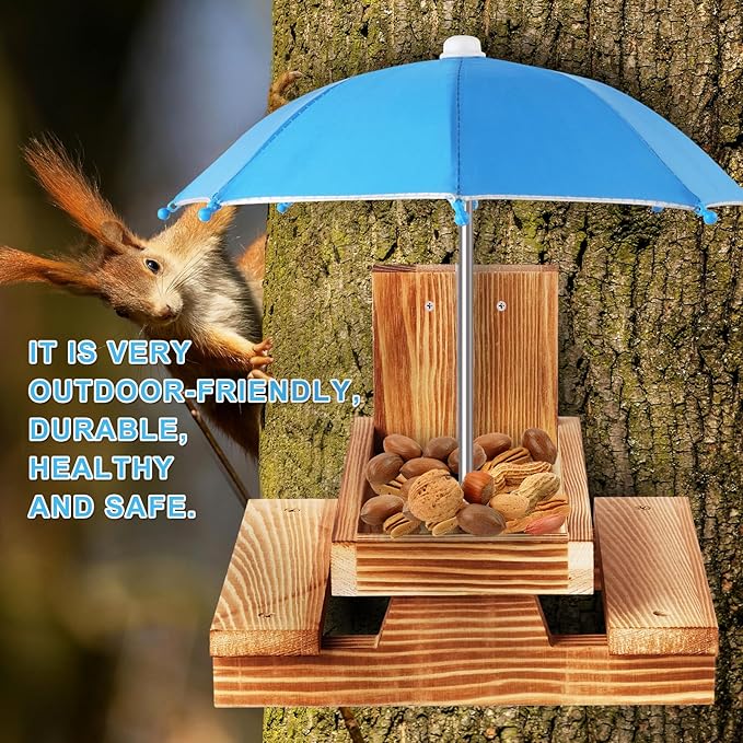 Gnodary Squirrel Feeder with Umbrella, Squirrel Feeders for Outside, Squirrel Picnic Table Feeder - Chipmunk Feeder Hold Corn, Corn Cob, Peanuts Style2 (Light Blue)