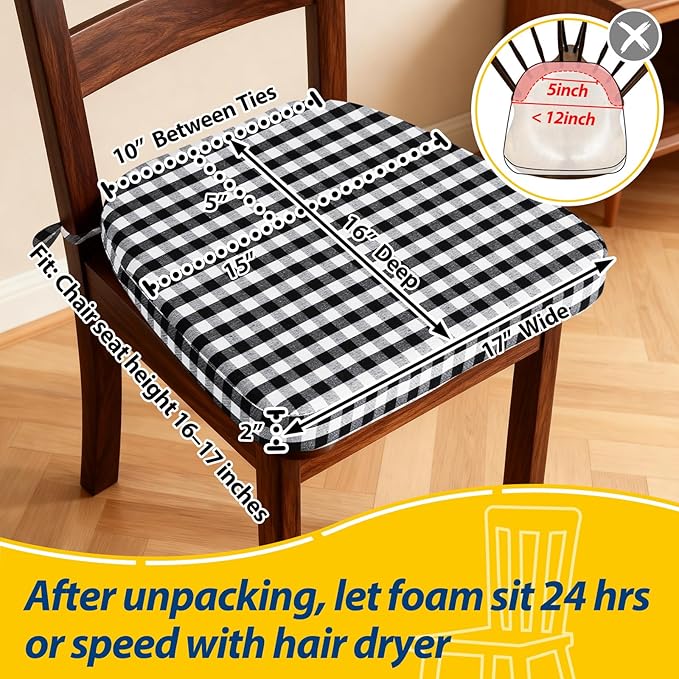 AAAAAcessories D-Shaped Chair Cushions, 2" Thick Dining Chair Pads with Ties and Removable, Machine-Washable Cover, 17" x 16", Set of 6, Checkered Black/White