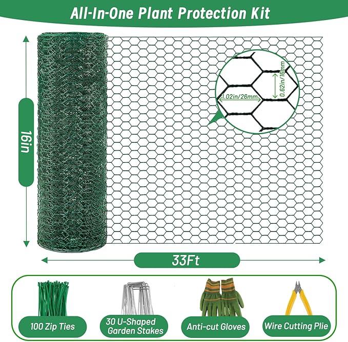 Convivium Plant Protectors from Animals, 0.8mm Free-Cut Green Chicken Wire Mesh, PVC Coated Tree Trunk Guard & Garden Fence for Outdoor Plants with Zip Ties, Stakes, Pliers, Gloves（33Ft*16In）