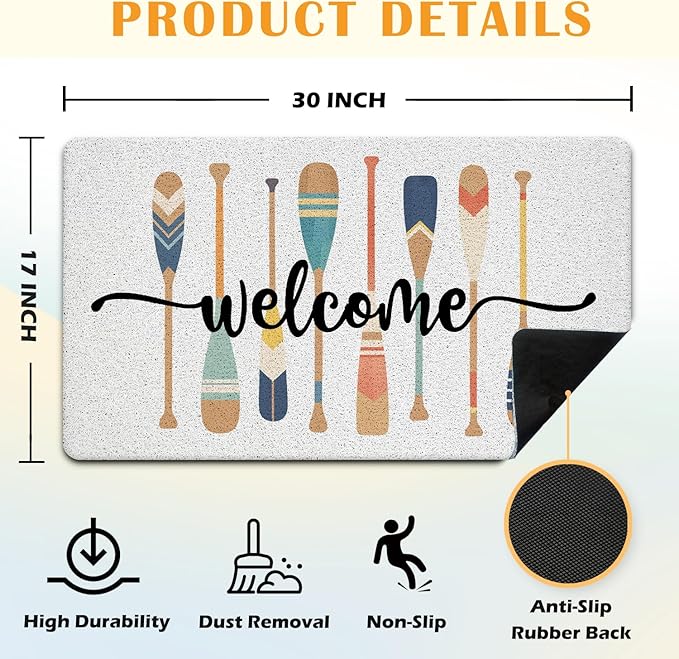 JINYO Lake Door Mat, Lake House Welcome Mats, Hello Boat Paddle Outdoor Indoor Door Mats for Porch Entrance Entryway, Welcome Lake, 17x30 Inch