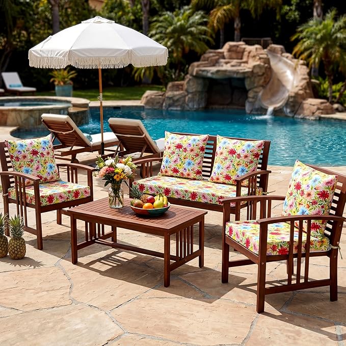 Hoteam 4 Set Outdoor Chair Patio Cushions Deep Seat Waterproof Chair Cushions 20 x 20 Inch for Patio Furniture Set Replacement Removable Seat and Back(Bright Flower)