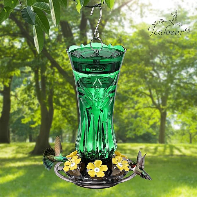 Hummingbird Feeder for Outdoors Hanging, 18 OZ Humming Birds Feeders with 6 Bee Guard Feeding Ports & Built-in Ant Moat, Easy to Clean, Durable Outdoor Garden Decor (Green 1 Pack)