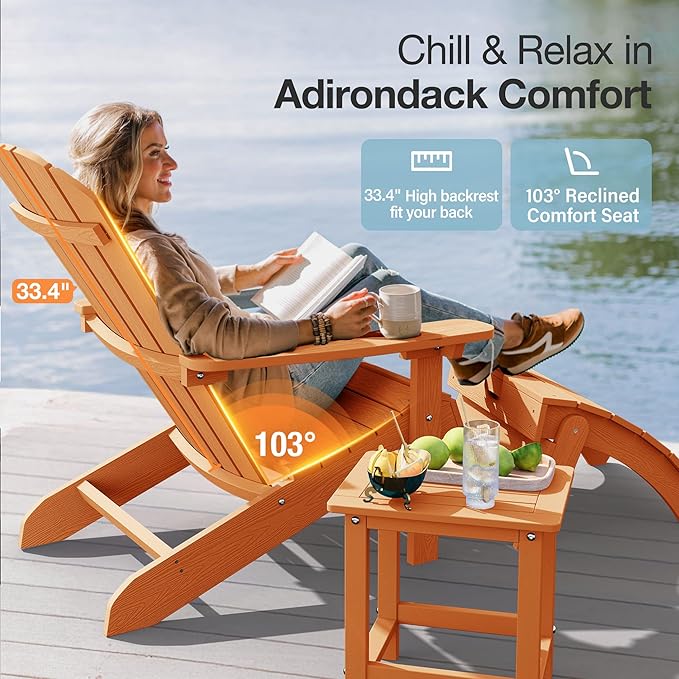 YEFU Adirondack Chairs Set of 6: Plastic Adirondack Chairs - Patio Chairs with Wood Texture - Outdoor Chair HIPS - Lawn Fire Pit Deck Porch Garden Chairs for Adults(Tangerine)